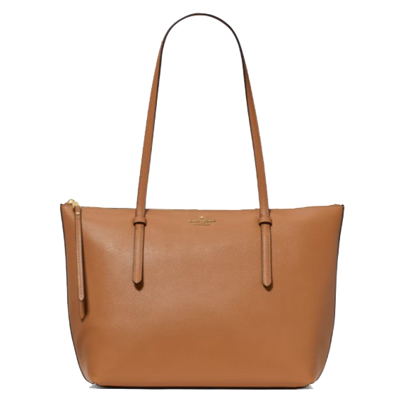 A tan leather tote bag with long handles, featuring a top zipper and subtle branding in gold at the center.