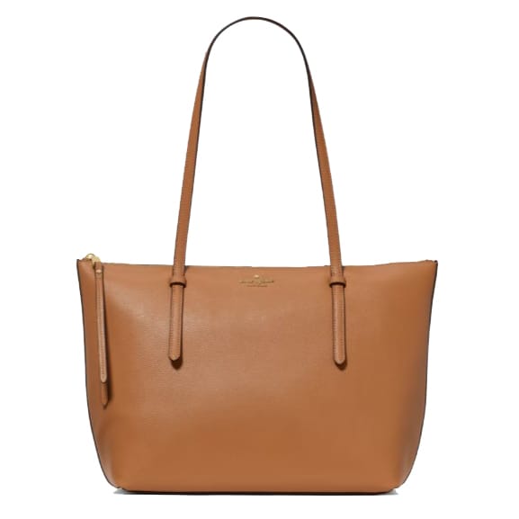 A tan leather tote bag with long handles, featuring a top zipper and subtle branding in gold at the center.