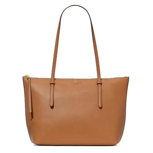 A tan leather tote bag with long handles, featuring a top zipper and subtle branding in gold at the center.