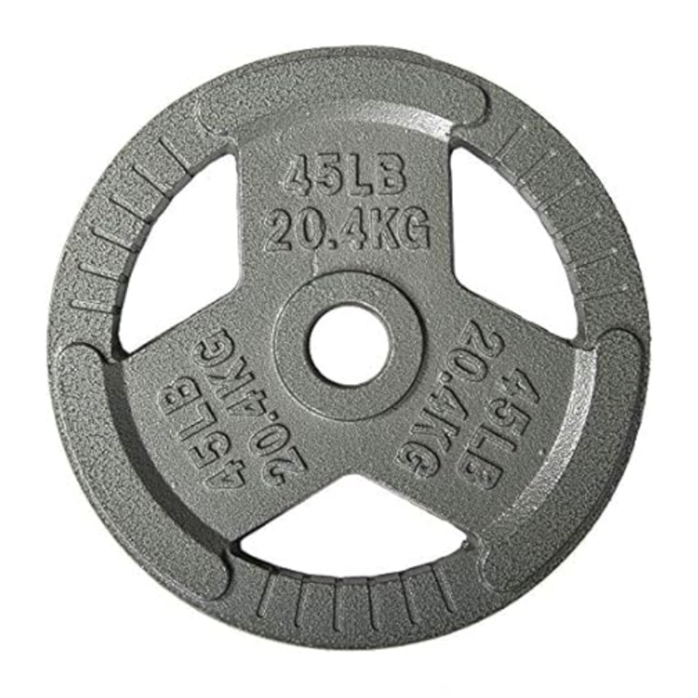Round weight plate, 45 lbs (20.4 kg), with three grip handles.