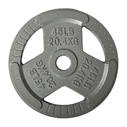Round weight plate, 45 lbs (20.4 kg), with three grip handles.