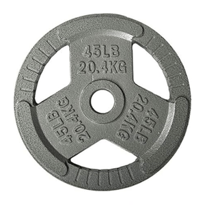 Round weight plate, 45 lbs (20.4 kg), with three grip handles.