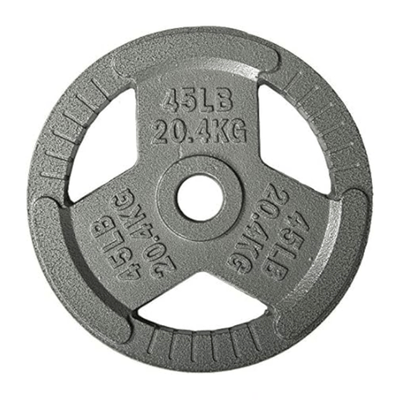 Round weight plate, 45 lbs (20.4 kg), with three grip handles.