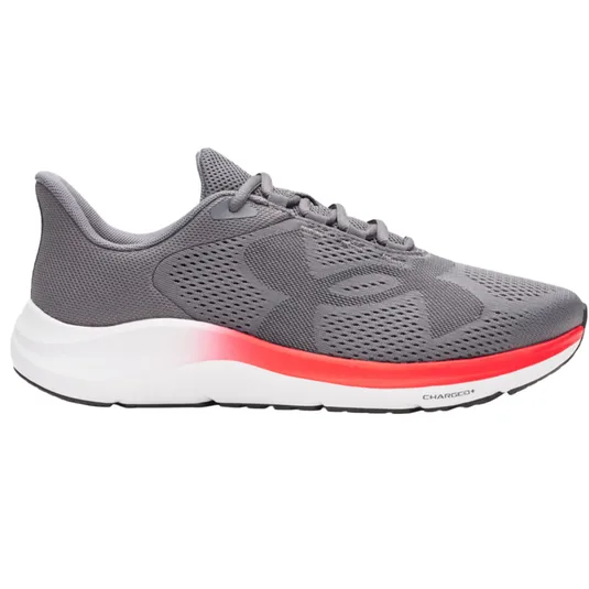 A gray athletic sneaker with red accents, featuring a breathable mesh upper and a thick white sole.