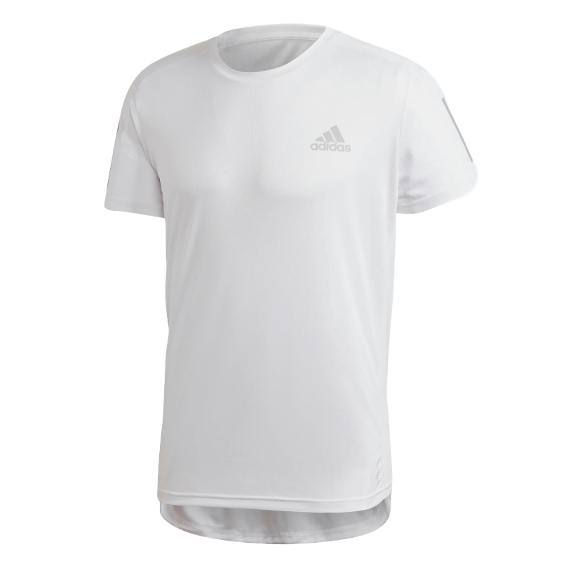 A white Adidas T-shirt with a round neck and short sleeves, featuring the brand logo on the chest.