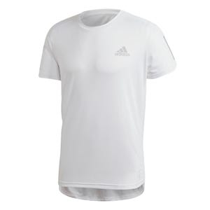 A white Adidas T-shirt with a round neck and short sleeves, featuring the brand logo on the chest.