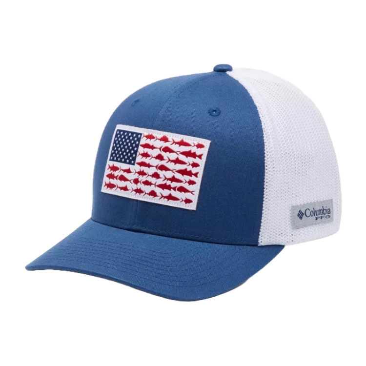 Blue and white Columbia PFG mesh hat with a patch featuring an American flag design made of red fish silhouettes.
