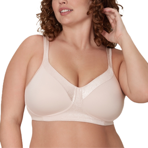 The Playtex Wireless T-Shirt Bra is a beige, seamless bra designed for comfort and support, featuring wide straps and a smooth finish for a sleek look under clothing.