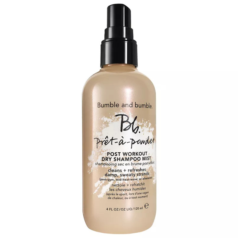 Bumble and bumble Prêt-à-Powder Post Workout Dry Shampoo Mist cleans and refreshes damp, sweaty hair. Designed for use after workouts or during heat waves. Contains 4 fl oz (120 ml).