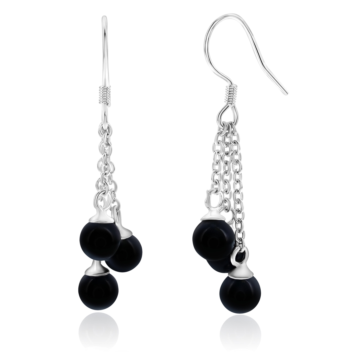 Silver dangling earrings with three black spherical beads hanging from each earring via small chains.