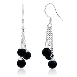 Silver dangling earrings with three black spherical beads hanging from each earring via small chains.
