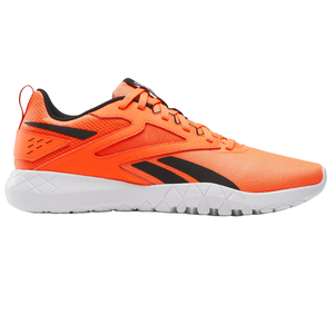 Orange athletic shoe with black accents, featuring a mesh upper for breathability, lace-up closure, and a white textured midsole.
