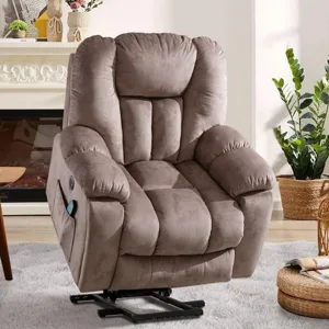 A brown plush recliner chair with a lift mechanism is set in a cozy living room, featuring a light carpet, a coffee table, and potted plants.