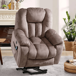 A brown plush recliner chair with a lift mechanism is set in a cozy living room, featuring a light carpet, a coffee table, and potted plants.