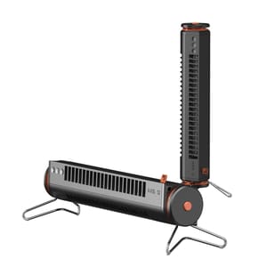 Two cylindrical electric heaters with leg stands, one positioned vertically and the other horizontally.