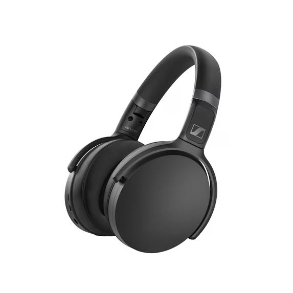 Black over-ear wireless headphones with the Sennheiser logo on the ear cup, featuring a padded headband and cushioned ear pads.