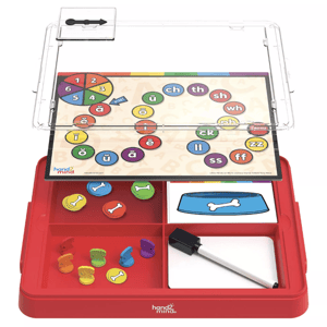 A hands-on educational kit by hand2mind featuring a literacy board game with colored bone tokens, a dry erase marker, and a phonics board with a spinner.