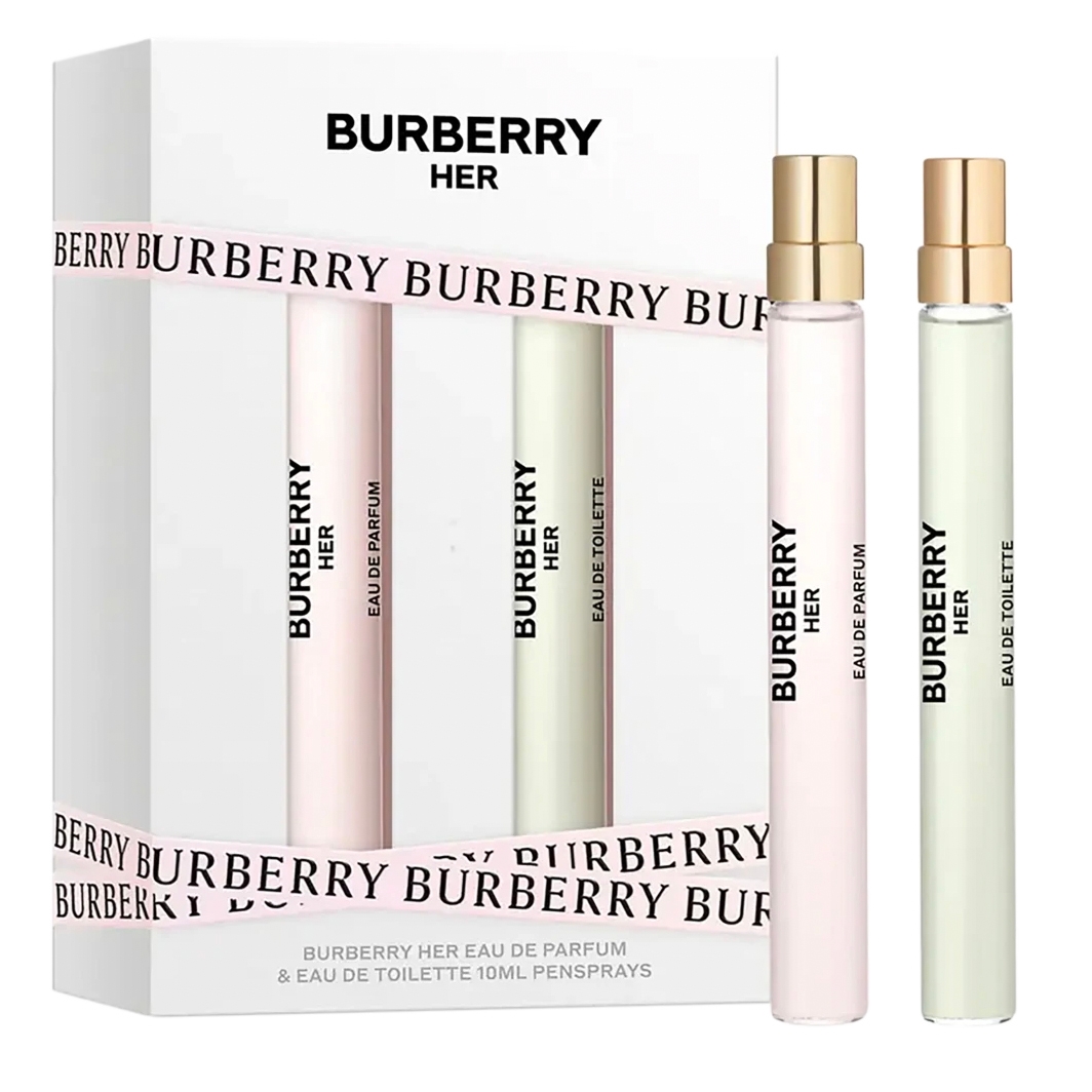 Burberry Her gift set includes a 10ml Eau de Parfum and a 10ml Eau de Toilette pen spray, packaged in a branded box.