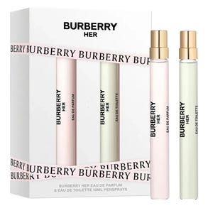 Burberry Her gift set includes a 10ml Eau de Parfum and a 10ml Eau de Toilette pen spray, packaged in a branded box.