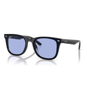 Black Wayfarer-style sunglasses with blue-tinted lenses featuring a logo on the temples.