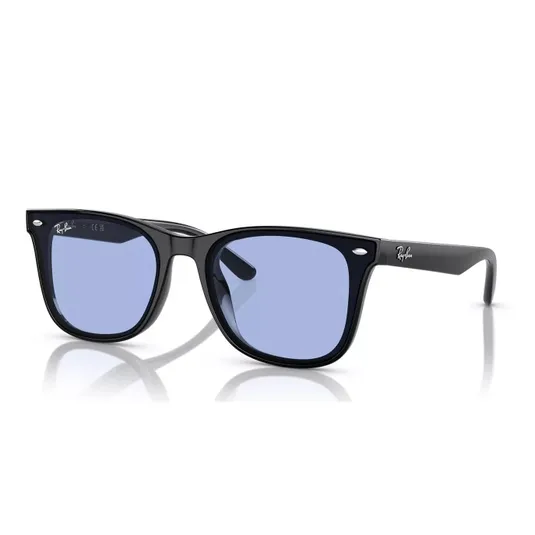 Black Wayfarer-style sunglasses with blue-tinted lenses featuring a logo on the temples.