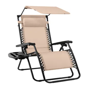 Beige adjustable recliner lounge chair with a canopy and side tray for beverages, featuring a black metal frame and breathable fabric, designed for outdoor relaxation.