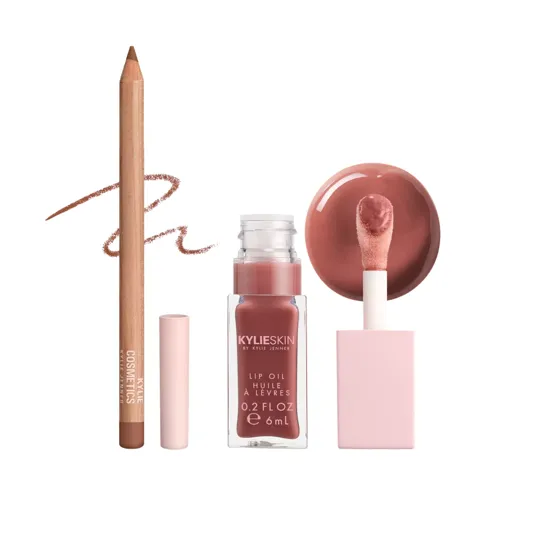 A nude lip liner pencil from Kylie Cosmetics and a Kylieskin lip oil by Kylie Jenner are displayed side by side.