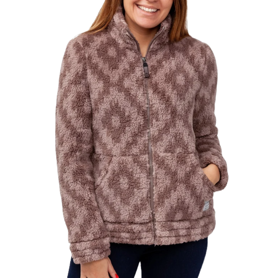 Free Country fleece jacket with a zip front, featuring a soft, textured fabric in a taupe color with a subtle diamond pattern. It has a high collar and side pockets for added warmth.