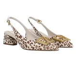 Slingback shoes with a leopard print, gold buckle detail, and block heels.