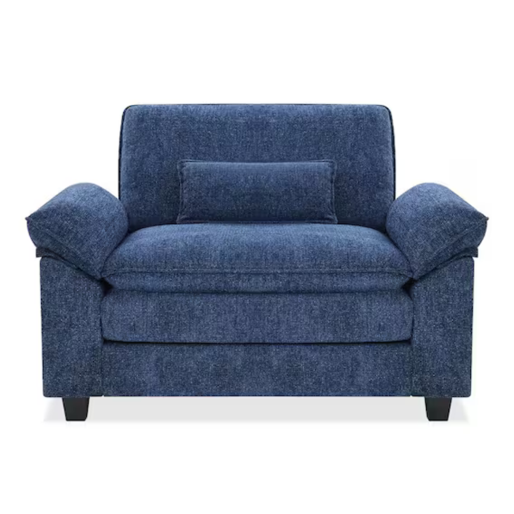 Blue upholstered armchair with padded armrests and a rectangular back cushion, featuring dark wooden legs.