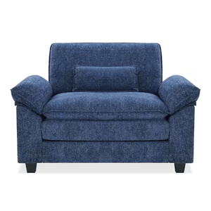 Blue upholstered armchair with padded armrests and a rectangular back cushion, featuring dark wooden legs.