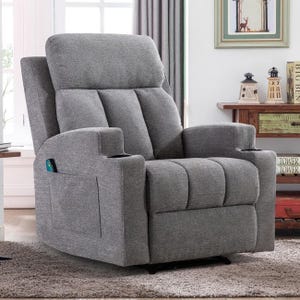 A gray upholstered recliner chair with a tufted backrest and padded armrests, featuring a side pocket.