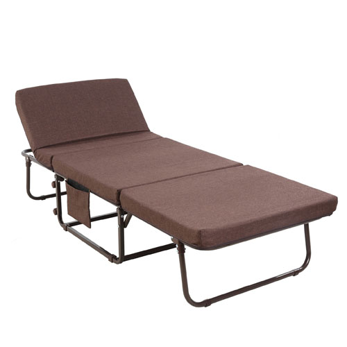 A brown rollaway folding guest bed with a cushioned mattress and a metal frame is shown. It features three sections, allowing it to fold for easy storage, and includes a small side pocket for convenience.
