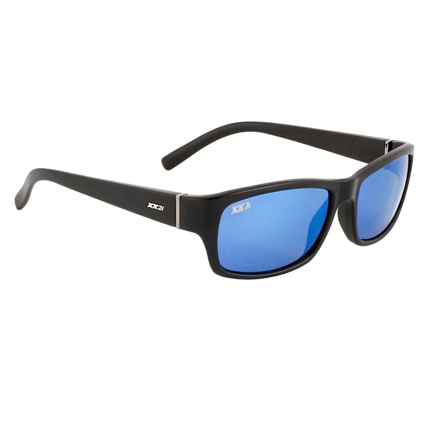 Black XX2i sunglasses with blue mirrored lenses and rectangular frame design.