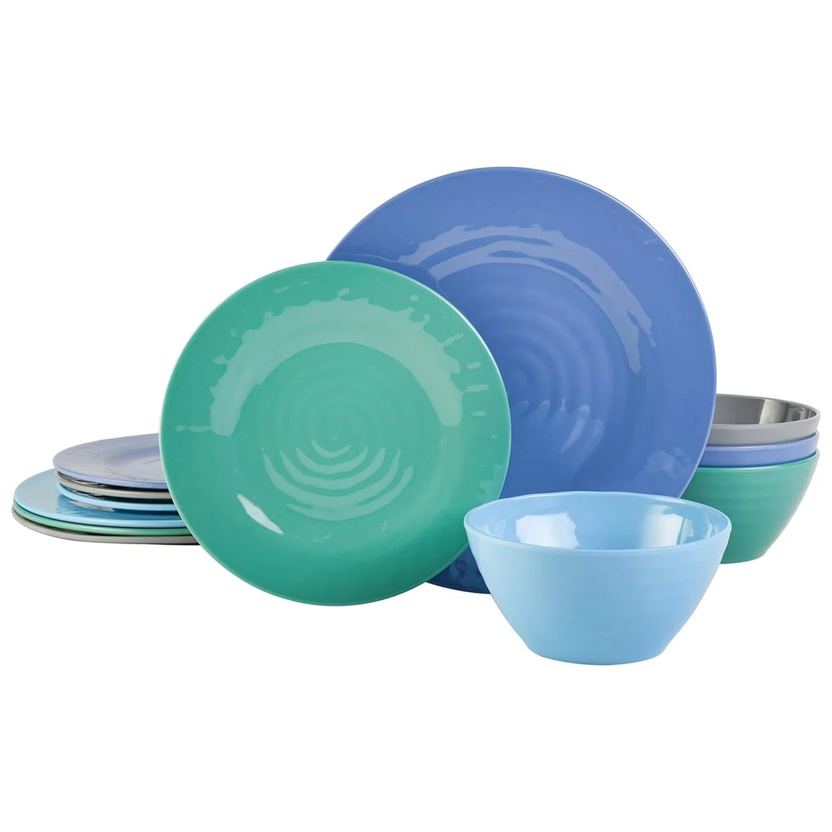 A set of blue and green dinnerware, including plates and bowls with a glossy finish and concentric circle patterns.