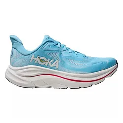 A light blue Hoka running shoe with a white and red thick sole and the Hoka logo on the side.