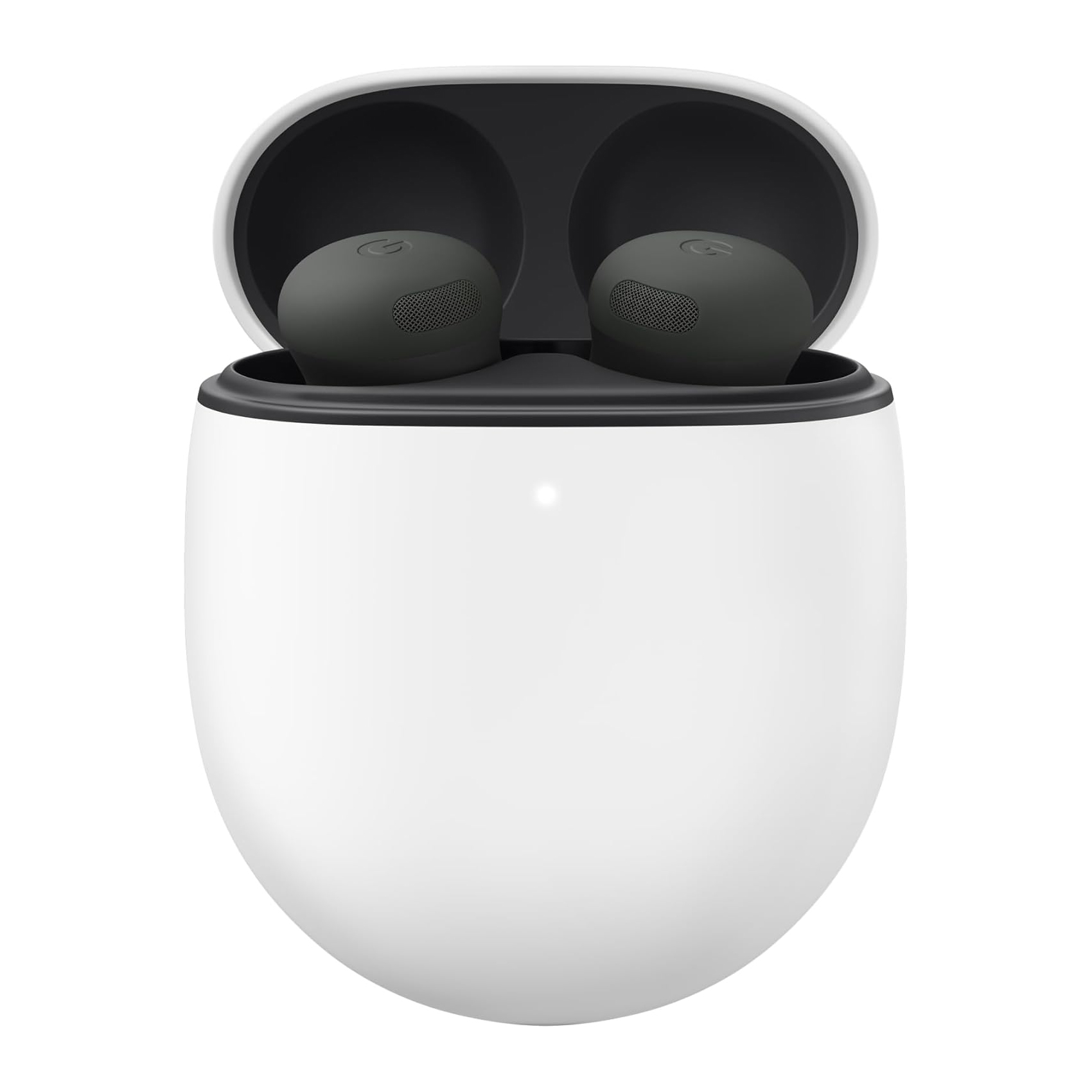 True wireless earbuds in a white charging case, featuring a sleek design with a minimalistic black color for the earbuds.