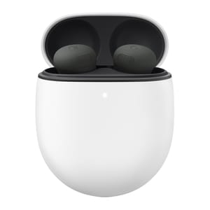 True wireless earbuds in a white charging case, featuring a sleek design with a minimalistic black color for the earbuds.