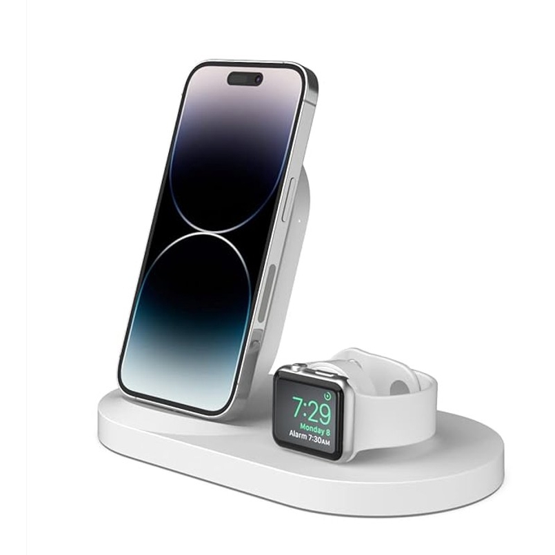 A smartphone and a smartwatch are docked on a white charging stand.