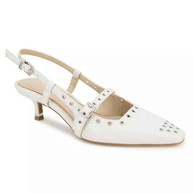 Kenneth Cole Eyelet Kitten Heel Pumps feature a sleek white design with eyelet details and dual straps with buckles, complemented by a small, elegant kitten heel.