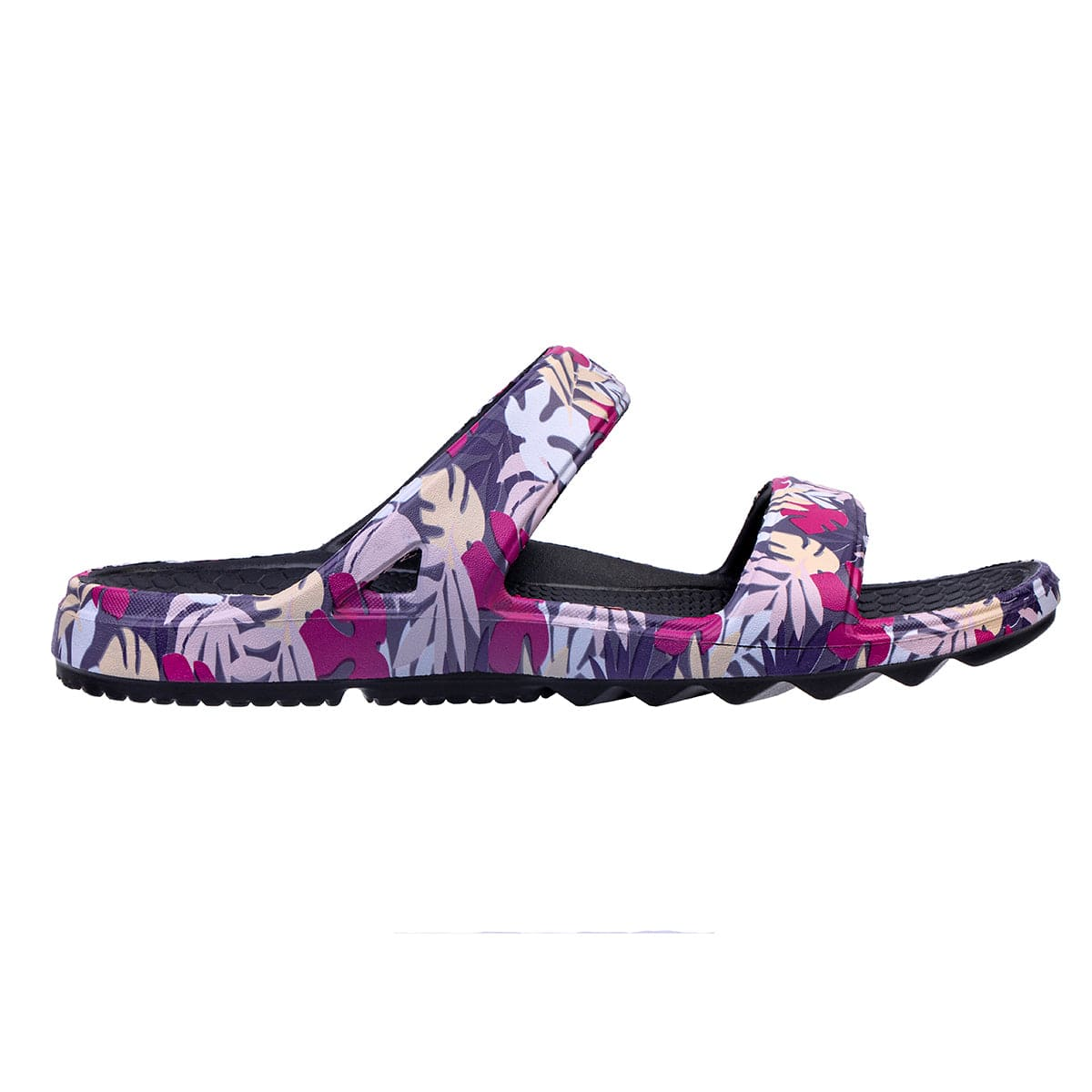 A floral-patterned slide sandal with two thick straps and a textured black footbed, suitable for casual wear.