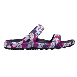 A floral-patterned slide sandal with two thick straps and a textured black footbed, suitable for casual wear.