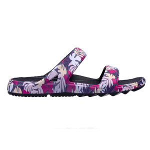 A floral-patterned slide sandal with two thick straps and a textured black footbed, suitable for casual wear.