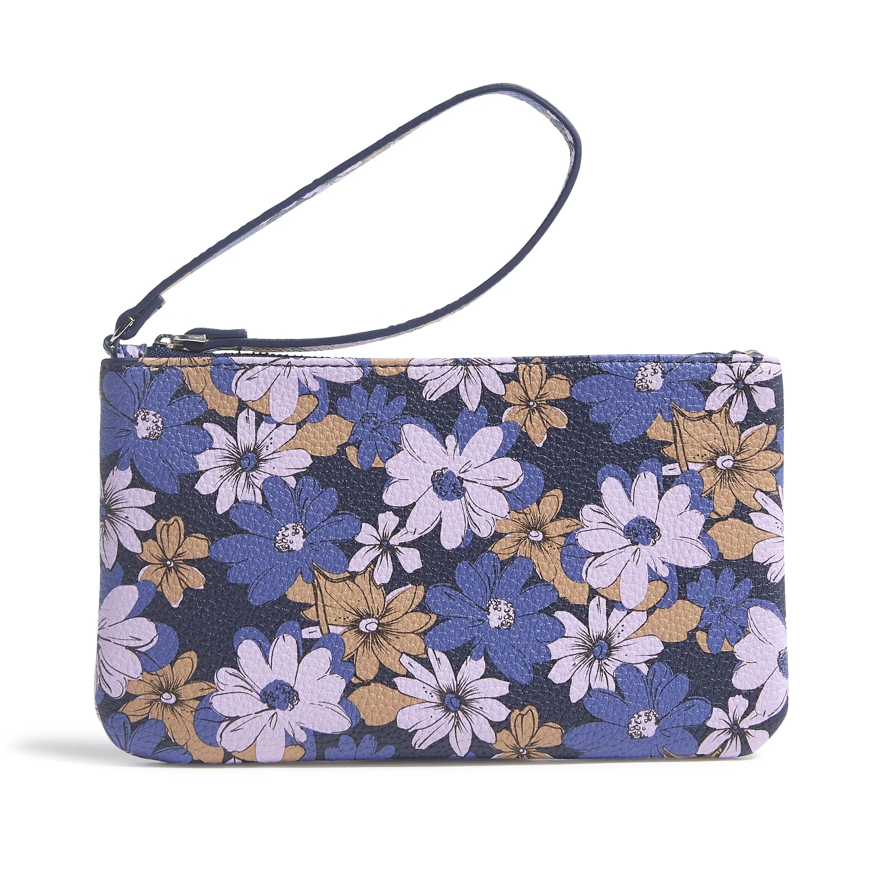 Floral-patterned wristlet with a strap, featuring purple and brown flowers on a dark background.