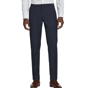 Jos. A. Bank Navy Plaid Dress Pants feature a tailored fit with a subtle plaid pattern, belt loops, and a front zipper. The pants are paired with brown dress shoes and a white dress shirt.