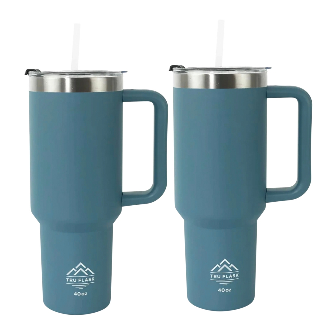 Two 40oz blue tumblers with handles, featuring a stainless steel rim and a straw lid. They're branded with \“Tru Flask\“ and have a simple, sturdy design.