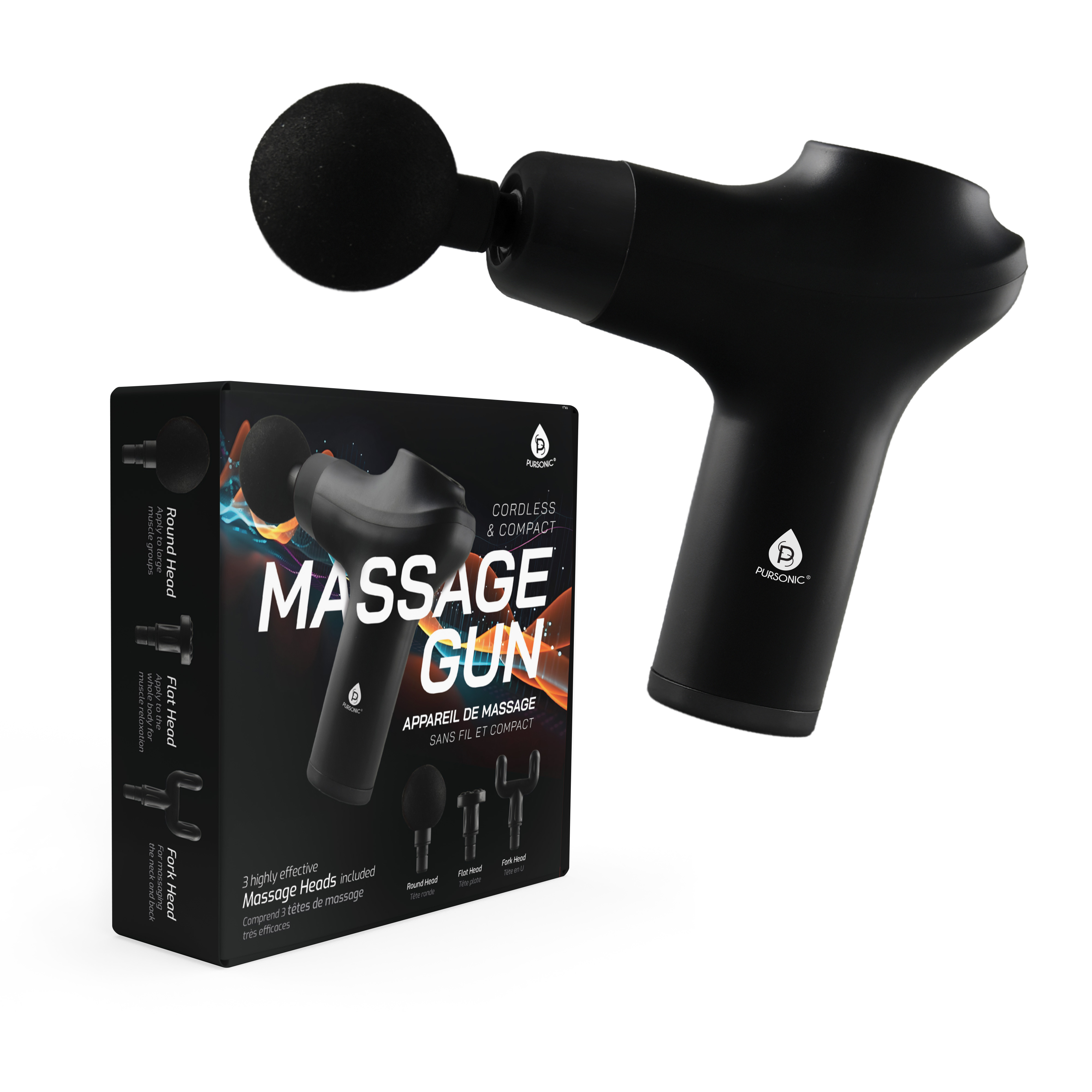 Cordless and compact massage gun with a round head, shown with packaging. Includes three massage heads: round, flat, and forked.