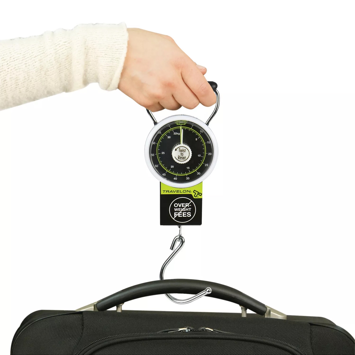 A hand-held luggage scale with a dial displays weight, featuring a hook for baggage attachment. The device warns against overweight fees.