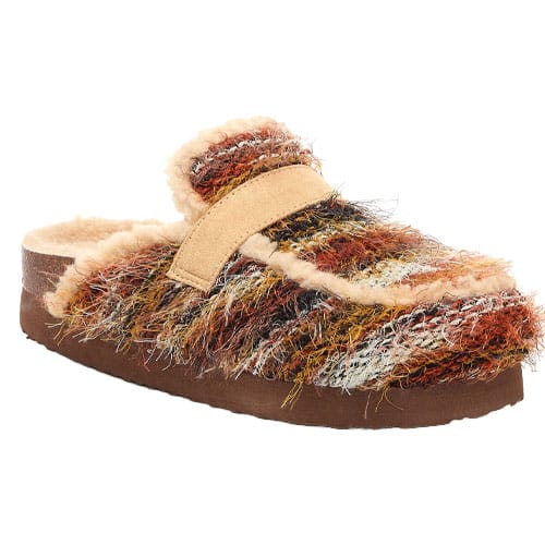 A fuzzy, multicolored clog-style slipper with a strap and a brown sole, featuring a warm, textured appearance.