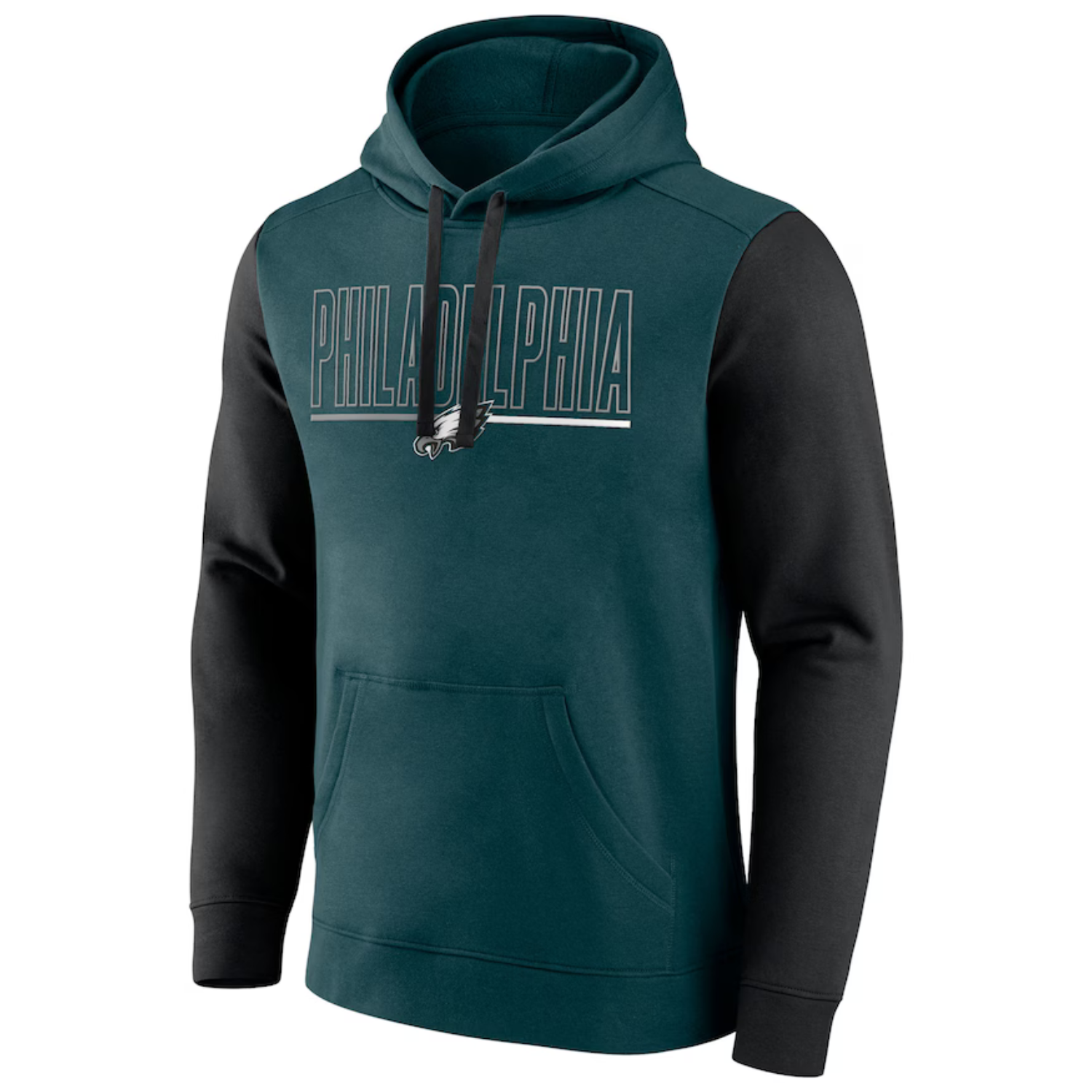 Philadelphia Eagles two-tone hoodie with \“PHILADELPHIA\“ text and team logo on the front, featuring a teal body and black sleeves.